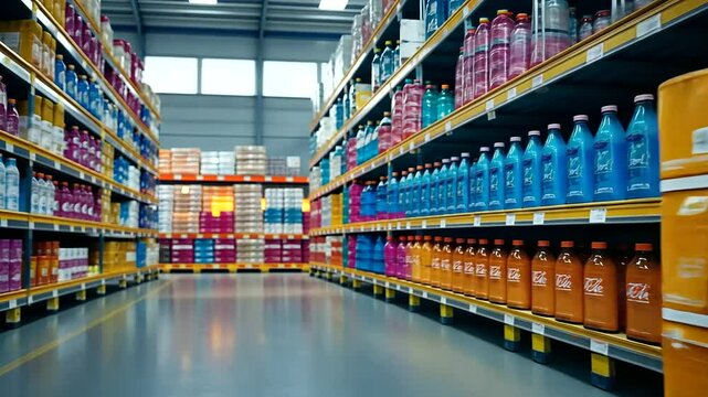 A pallet stacked with assorted wrapped food items, the bright colors of the packaging gleaming, while high shelves full of stock tower in the background.