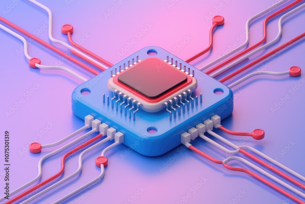 Poster a blue microchip with red and white wires connected to it