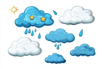 Obraz premium Colorful cartoon clouds with sun and rain, ideal for weather-themed designs.