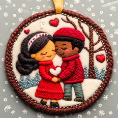 Fototapeta premium Cute handmade embroidered ornament featuring a couple in winter attire holding a heart, surrounded by trees and hearts, perfect for Valentine's or Christmas decor