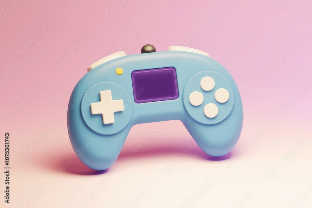 Poster a blue video game controller on a pink background.