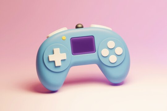 A blue video game controller on a pink background.