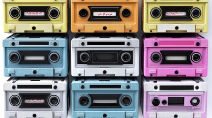 Fototapeta premium Colorful collection of retro cassette tape players stacked together, showcasing vibrant hues and nostalgic design.