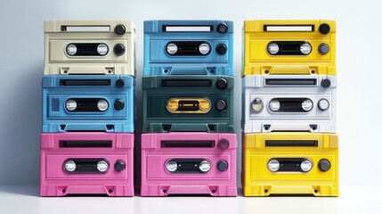 Obraz premium Colorful vintage cassette tape storage boxes stacked together, showcasing a playful retro vibe.
