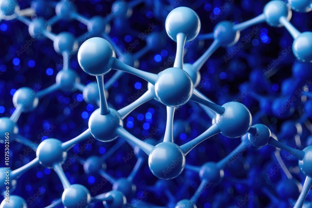 Poster A close up of a 3D model of a molecule structure  showing the interconnected blue spheres.
