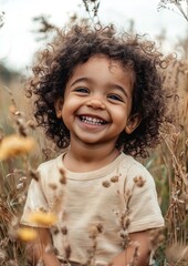 A young child with curly hair is smiling and looking at the camera