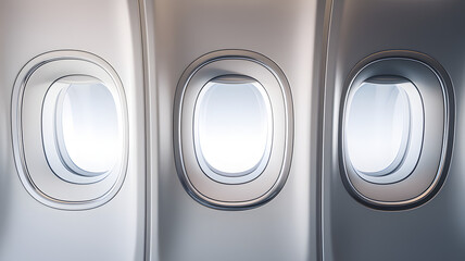 Three identical, high-quality airplane window portals with a sleek, modern design.