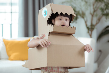 A special child with his favorite dinosaur figure, having fun in the living room of the house