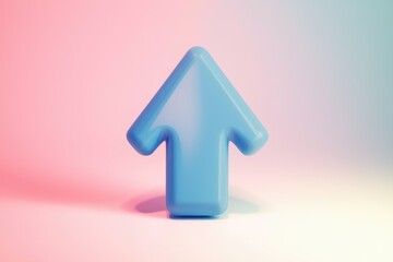 A 3D blue arrow pointing upwards against a pink and blue background.