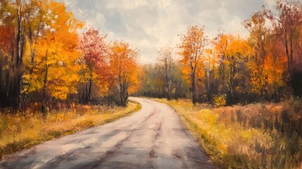 Fototapeta premium Oil painting of an autumn road featuring unusual scenery with vibrant fall colors and unique elements throughout the landscape