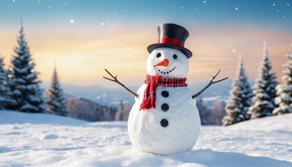Naklejka premium Merry christmas and happy new year greeting card with copy-space. Happy snowman standing in christmas landscape. Snow background. Winter fairytale.