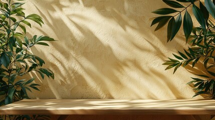 Mock up for presentation Empty table on beige texture Composition with leaves shadow