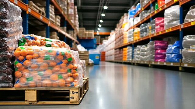 Close-up of shrink-wrapped food packages on a pallet, with towering warehouse shelves filled with goods fading into the distance behind them.