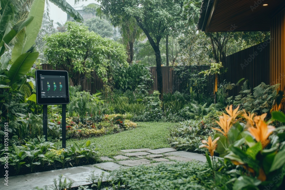 Poster the garden showcases vibrant plants with sensors and sprinklers efficiently nurturing greenery on a 
