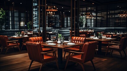 A photo of a high-end steakhouse with mood lighting