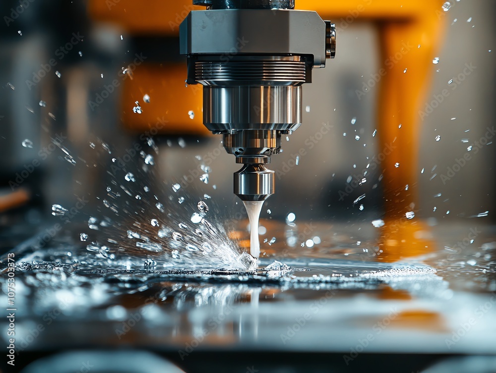 Poster a metal drilling machine in action with water splashing around it.