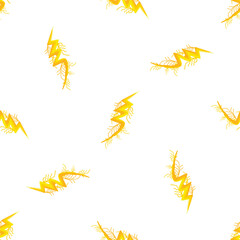 Seamless pattern of yellow lightning bolts striking on a white background, creating an electrifying visual effect