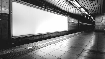 Subway station with a large white sign on the wall. The sign is empty and the station is empty