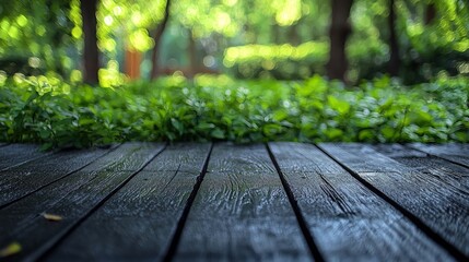 Fototapeta premium A serene outdoor scene featuring wooden planks and lush greenery in a tranquil setting.
