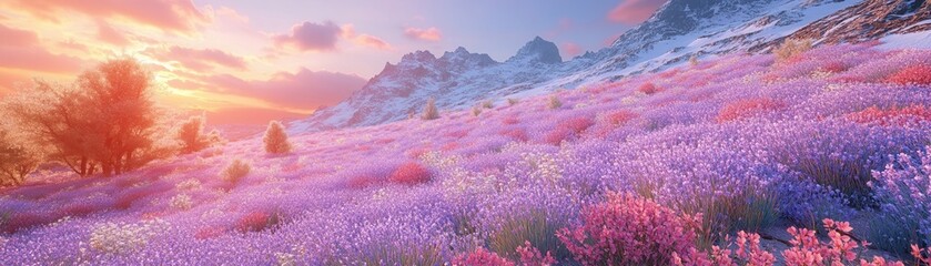 A breathtaking landscape filled with vibrant purple flowers under a colorful sunset, showcasing nature's beauty and tranquility.