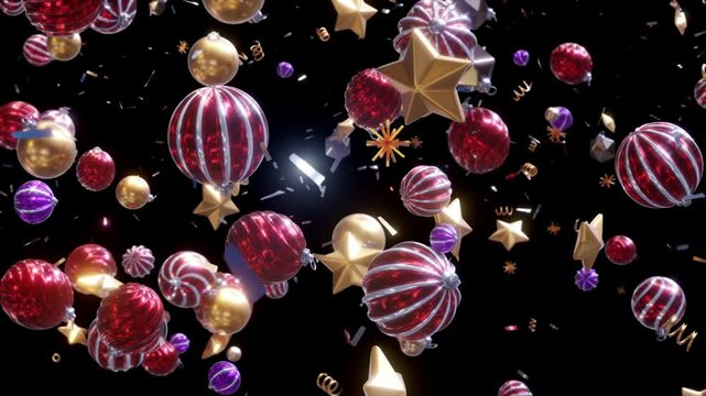 Colorful Christmas balls Background, gifts and Golden stars moving in space with confetti On Black Screen. Loop 3D animation render 4K.