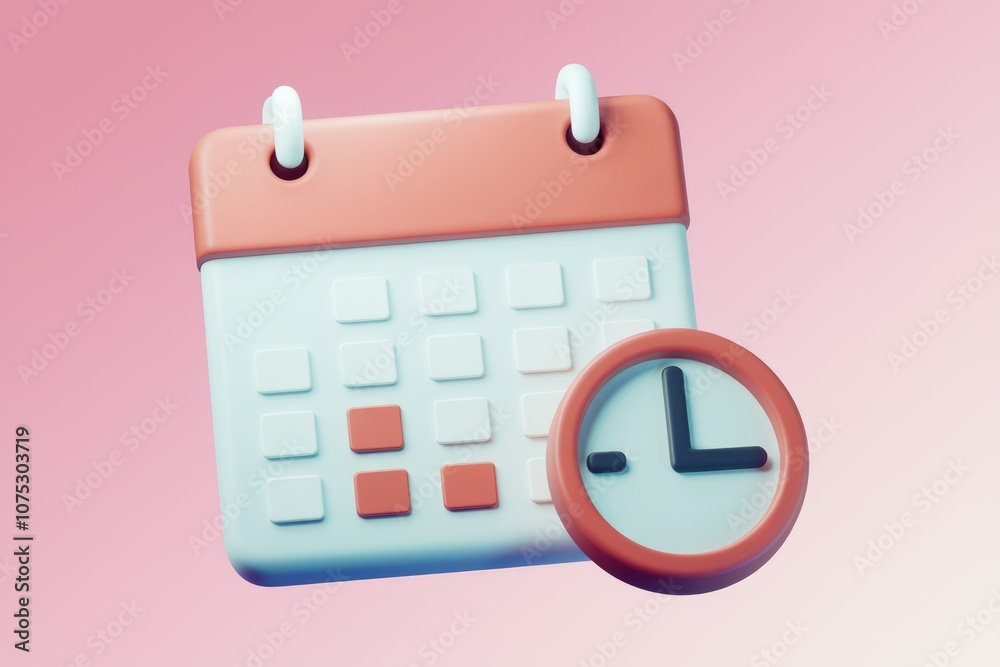 Poster 3D calendar icon with a clock  time management concept.