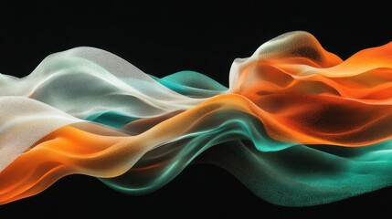 Fototapeta premium Abstract flowing waves in orange, white, and teal colors on a dark background, creating a sense of movement and depth.
