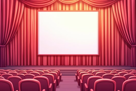 Colorful theater stage with red curtains and empty seats, ready for a performance or film screening.