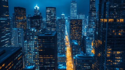 A city at night with many tall buildings and a street with lights