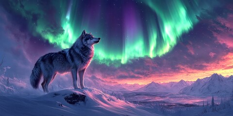 A lone wolf stands on a snowy mountain peak, silhouetted against a vibrant aurora borealis display in the night sky.