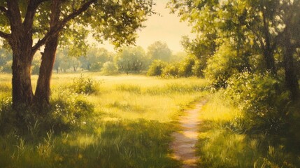 Obraz premium Oil painting depicting a sunny summer evening in a countryside setting capturing the essence of outdoor travel and leisure