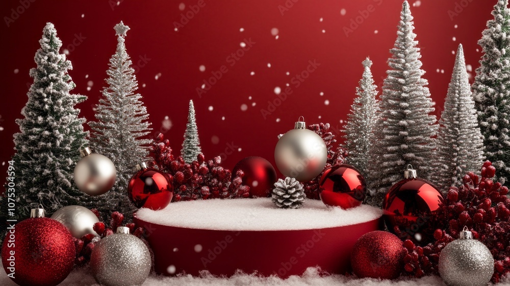 Poster a red background with a christmas tree in the foreground