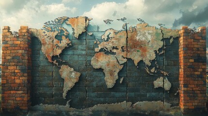 Fototapeta premium A World Map Depicted on a Crumbling Brick Wall