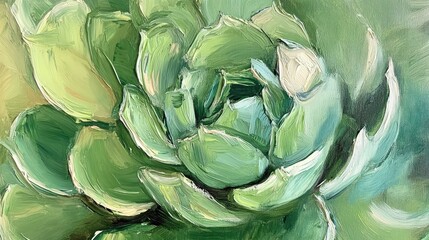 Obraz premium Close up oil painting of a fresh green succulent echeveria showcasing intricate details and vibrant texture perfect for nature inspired themes and floral backdrops