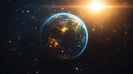 Fototapeta premium Digital illustration of Earth surrounded by stars with glowing spots indicating populated areas.