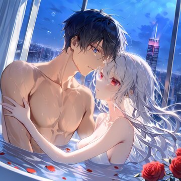 セレブなバスルームで入浴するアルビノの少女と碧眼の青年。浴槽には赤い薔薇の花が浮かんでいる。日本のアニメ風のAIイラスト。