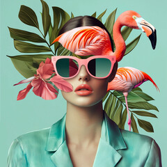 A creative portrait of a woman with her face intersected by geometric shapes and a flamingo, ideal for editorial and design use.