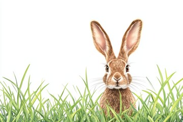 Naklejka premium Cute rabbit peeking through green grass, white isolated background.