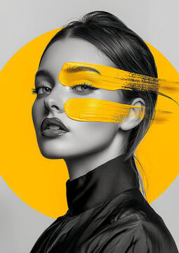 Artistic black and white portrait of a woman highlighted by bold yellow paint strokes across her face, set against a vibrant yellow circle background