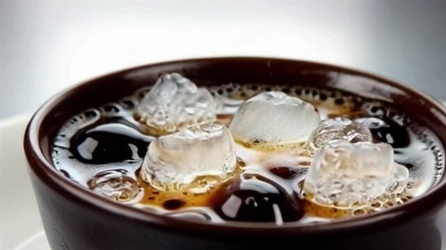 A close-up of rich nitro coffee with swirling nitrogen bubbles interacting with ice, creating a smooth, creamy effect, while the sleek background adds to the cutting-edge, sophisticated atmosphere.