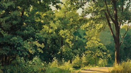 Fototapeta premium Oil painting depicting green trees in an outdoor setting showcasing lush vegetation and roadside flora