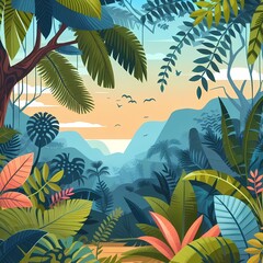 Tropical jungle with vibrant leaves and plants, flat style illustration