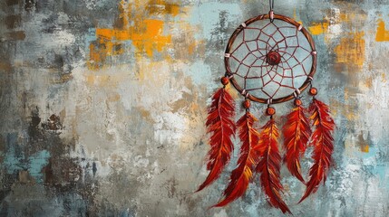 Vibrant oil painting of a dream catcher featuring red feathers on a textured concrete background with space available for text
