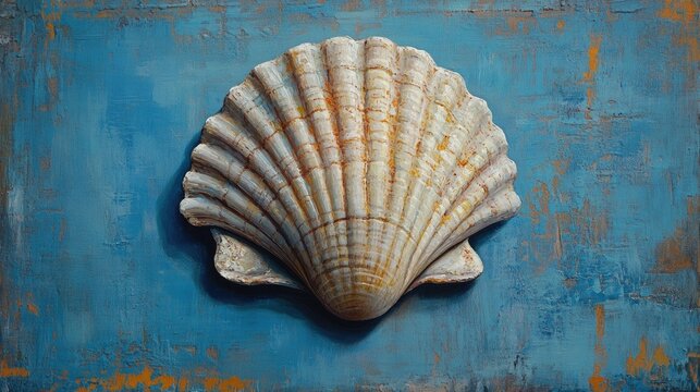 Oil painting depicting an antique seashell on a blue backdrop showcasing a seashell themed composition