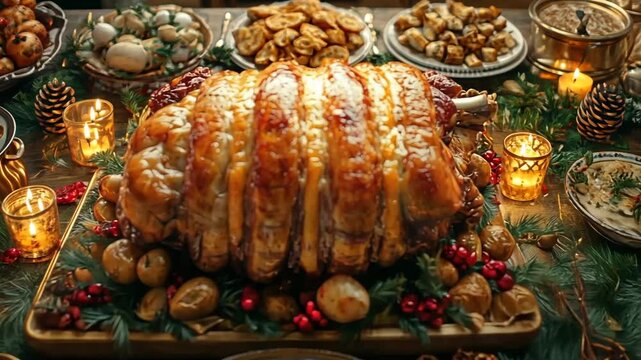 Christmas dinner table with a stuffed turkey and variety of side dishes