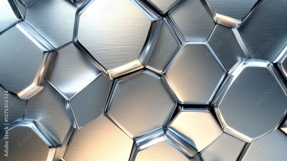 Poster a close-up of metallic hexagonal structures with a brushed surface, showcasing a blend of light and 