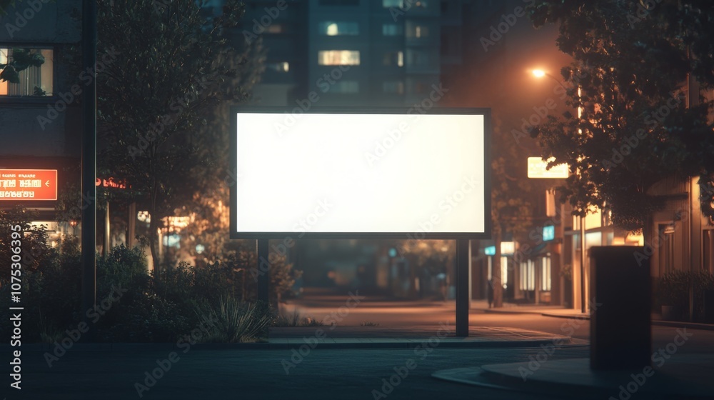 Leinwandbilder a large, blank billboard is positioned on an empty street surrounded by softly lit buildings, creati