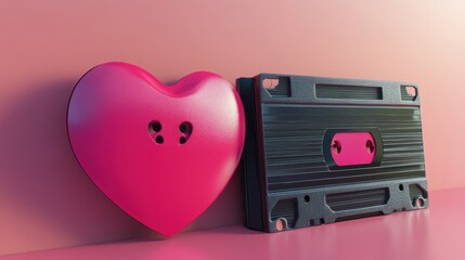 A playful fusion of love and nostalgia featuring a heart and a cassette tape against a soft pink background.