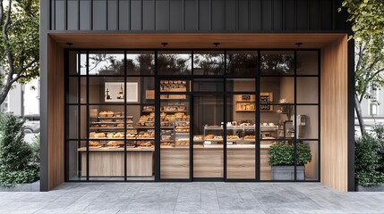 Charming Modern Coffee Shop Front with Wooden and Metal Details on an Urban Corner. AI generated illustration
