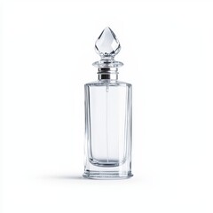 Elegant glass bottle with a crystal stopper on a white isolated background.